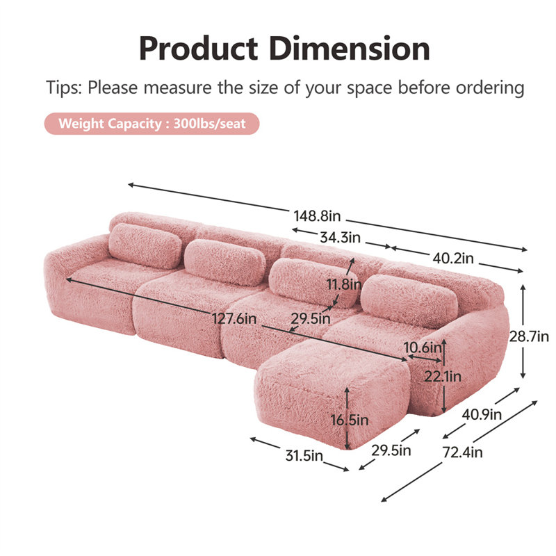 148.8" L-Shaped 4-Seater Sofa with Ottoman, Pink Fabric
