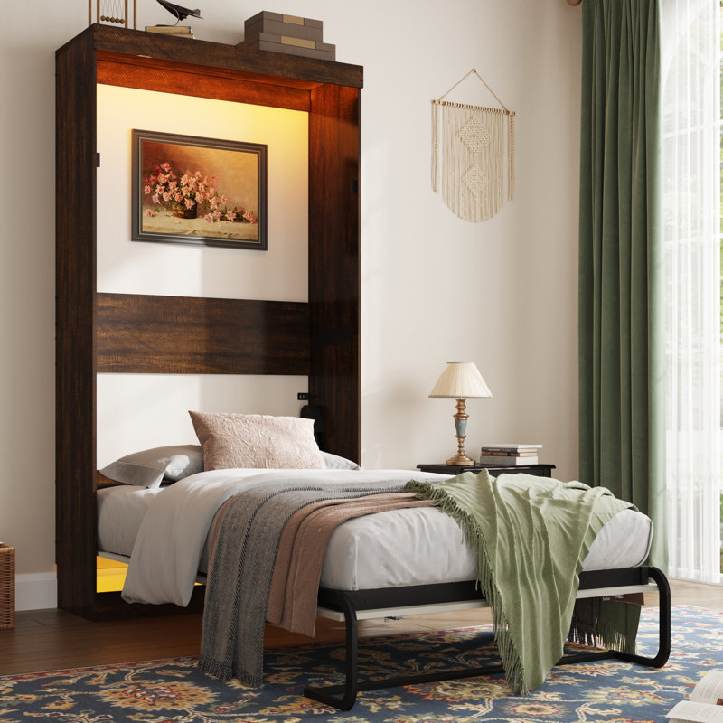Lit escamotable mural avec lumières DEL, sans sommier, pour bureau à domicile, blanc antique et brun rustique, Lit double