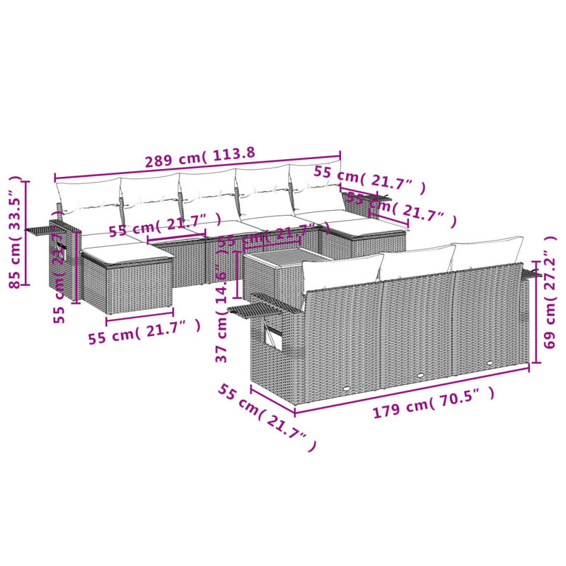  Ensemble de canapé de jardin modulaire en rotin gris 11 pièces