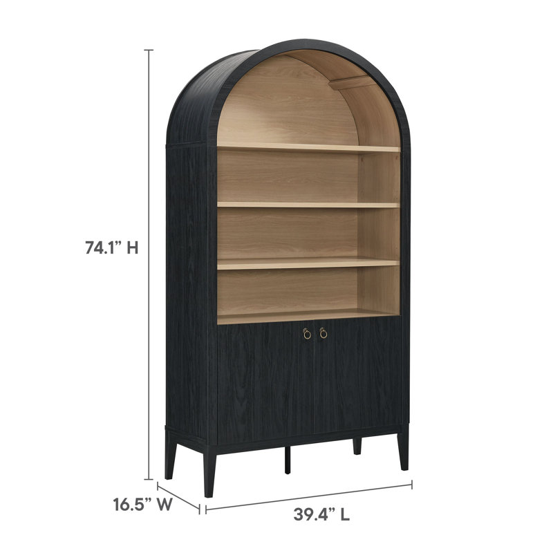 Nolan 74" Tall Arched Storage Display Cabinet Bookshelf, Black