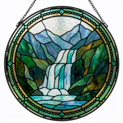 Mountain Waterfall Stained Glass Window Panel