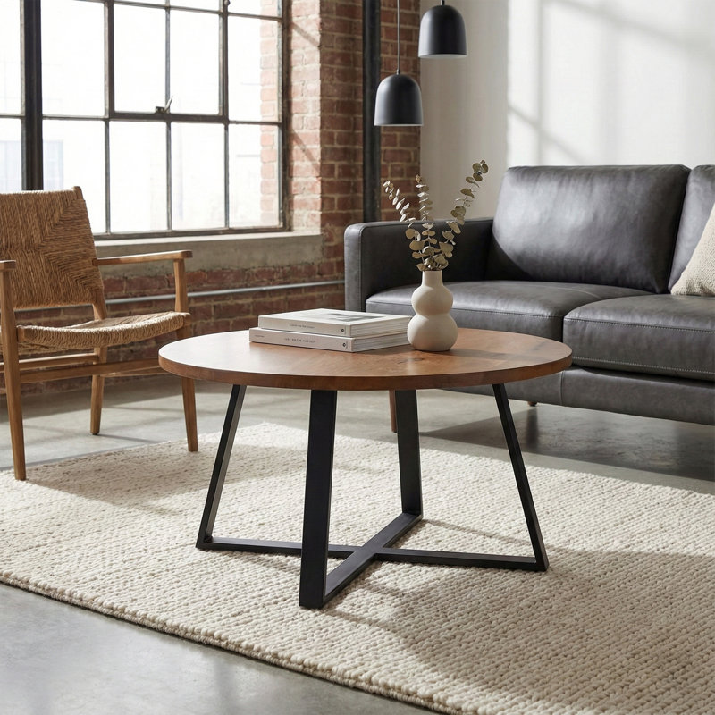 Echo Coffee Table - 31"L Round Mango Wood Table, Modern Farmhouse Style with Sturdy Metal Legs, Handcrafted for Living Room or Office, Walnut Finish