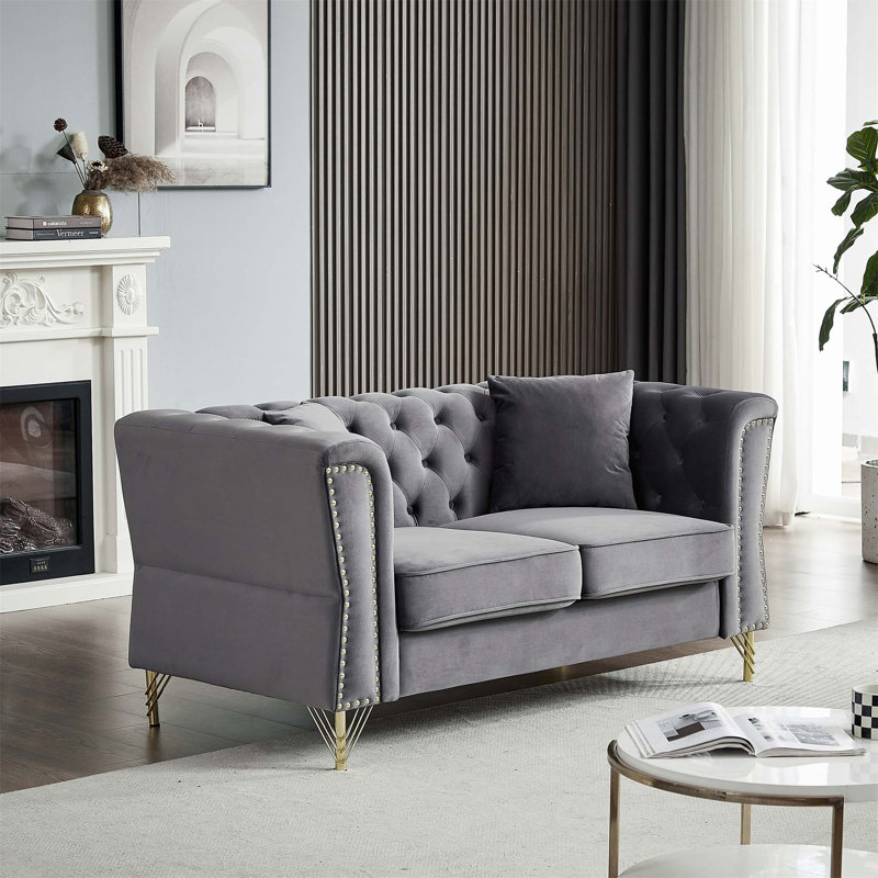Velvet Sofa Tufted Couch, Grey, 29.5" H x 60.2" W x 31.8" D