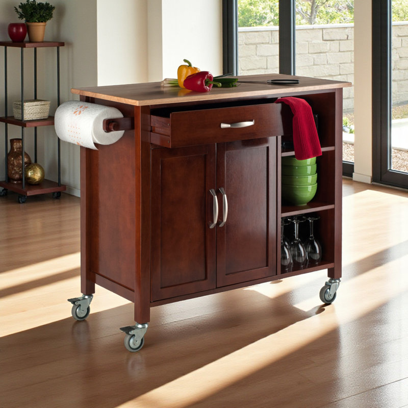 Chariot utilitaire avec roulettes et tablettes ouvertes en noyer et naturel Mabel, H 35,30 po x l 39,30 po x P 18,80 po