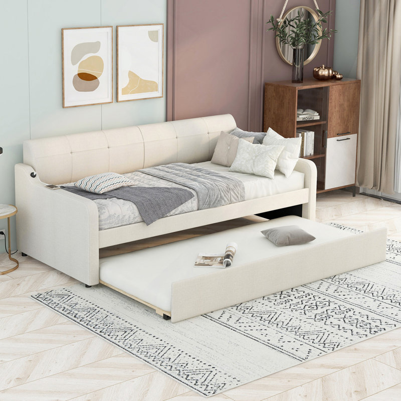 Upholstery Daybed With Trundle And USB Charging Design,Trundle Can Be Flat Or Erected, Beige, Twin