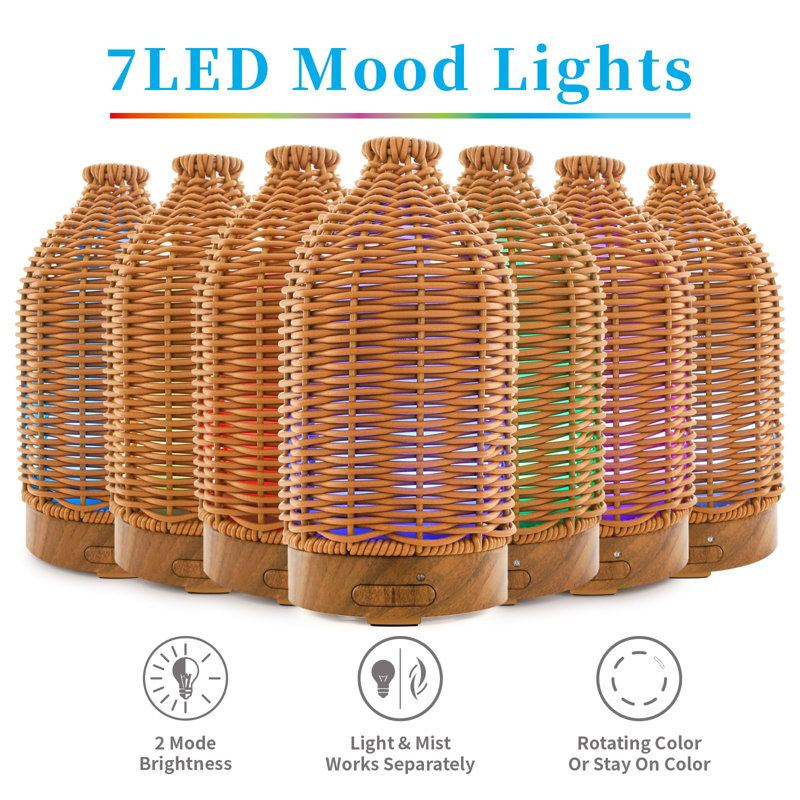 Essential Oil Diffuser - Multifunction Aromatherapy Diffuser 7 LED Color Changing Light 100ML Rattan Diffuser Easy To Clean Suitable For Home,Office (Tan)