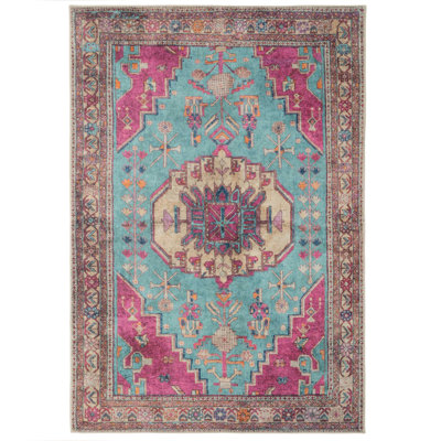 Machine Washable Teal Pink Contemporary Maximalist Distressed Living Room Area Rug