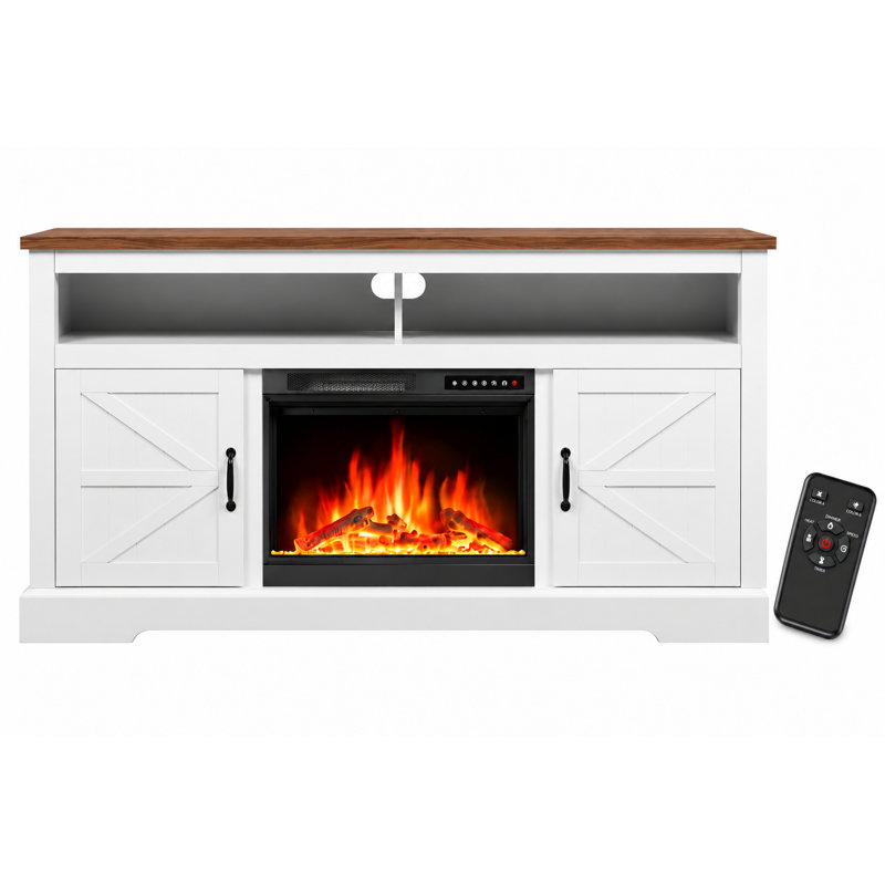 Meuble télé avec foyer de 53 po R.W.FLAME pour téléviseurs de 65 po ou moins, 5100 BTU avec thermostat et minuterie, lit à 4 et 12 flammes (bûches et cristaux inclus)