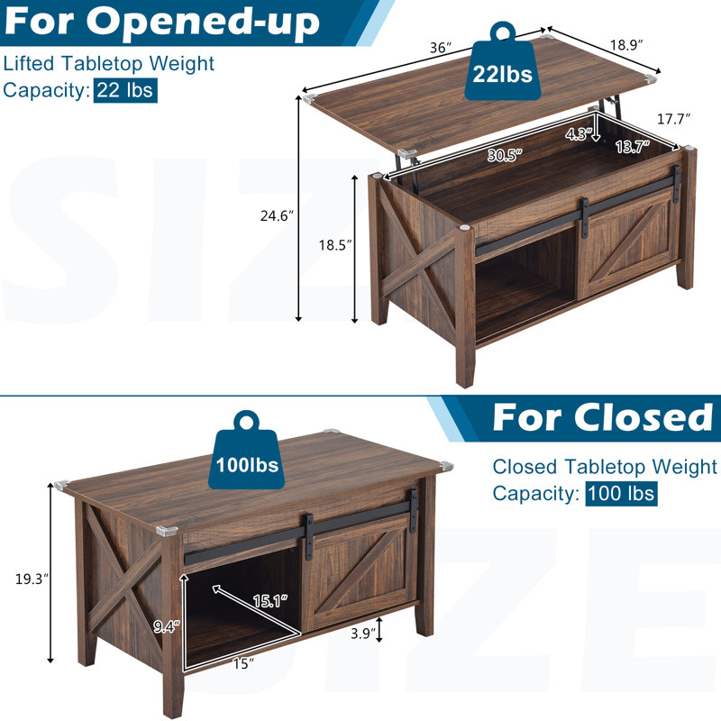 Table basse avec plateau relevable et rangement, Noyer, Bois espresso