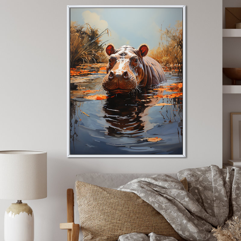 Hippopotame gris - Gardien de la savane I - Hippopotame, Cadre flottant blanc, H 40 po x l 30 po x P 1,5 po
