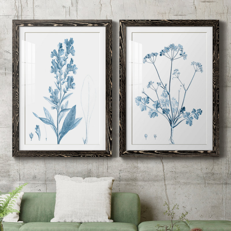 Antique Botanical in Blue III - Ensemble de 2 reproductions d'art sur papier encadrées, H 37,5 po x l 55 po x P 1,5 po