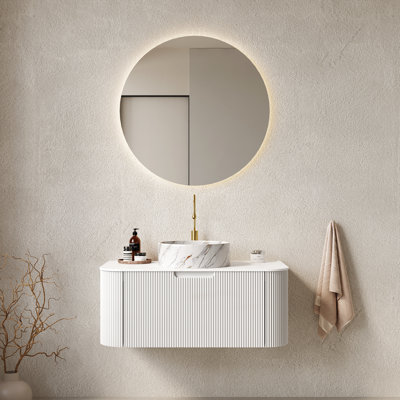 Meuble-lavabo de salle de bain 91 cm (36 po), design suspendu avec bords arrondis, lavabo rond en céramique blanche, comptoir en pierre frittée, caisson en contreplaqué de 18 mm d'épaisseur, grand espace de rangement et tiroir à fermeture amortie
