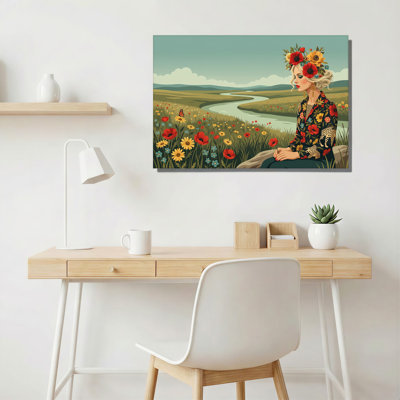 Woman with Flower Crown Sitting in Wildflower Field Canvas Wall Art