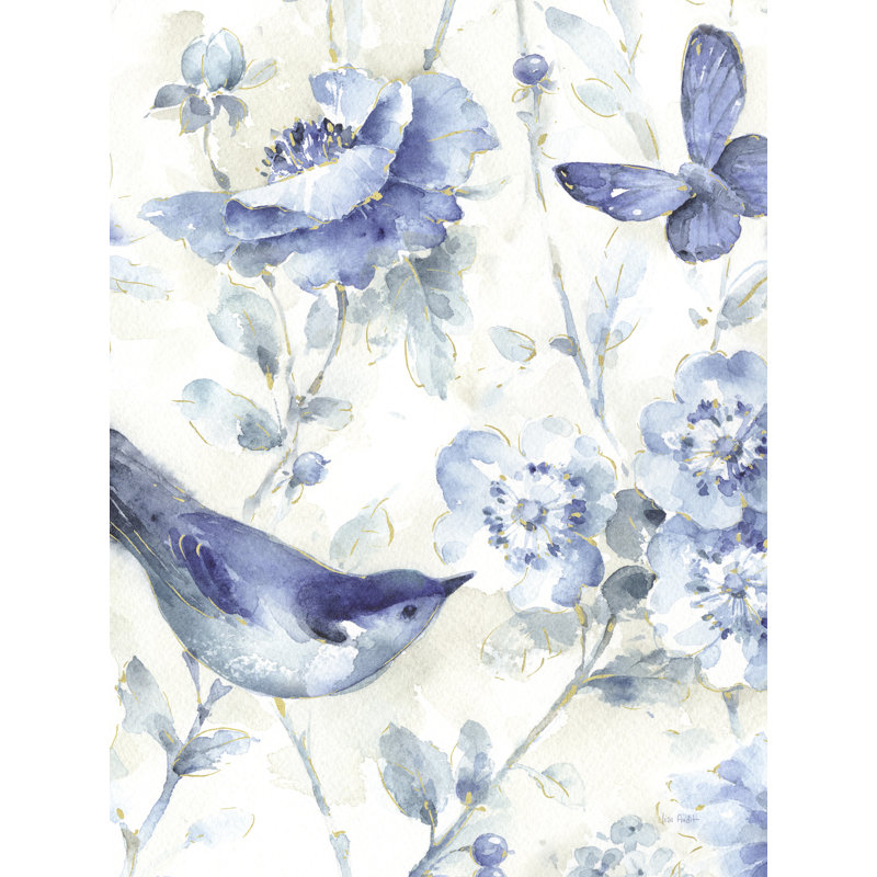 Oiseaux sur une branche, indigo, papillon, fleur, blanc, bleu, doré, doré, contemporain II, H 24 po x l 36 po x P 1,5 po