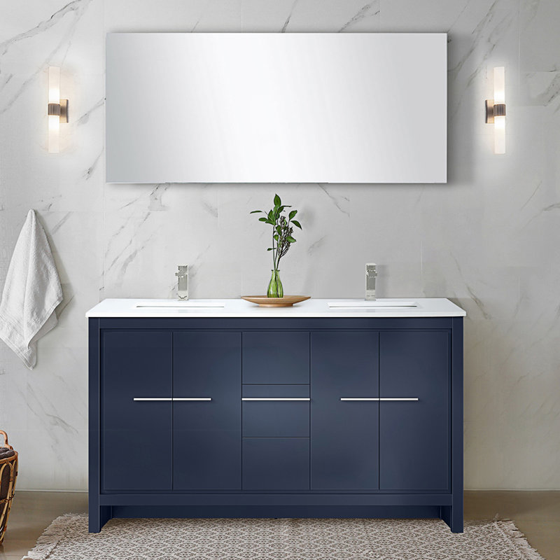 60 po X P 20 po Meuble-lavabo double D avec comptoir en quartz blanc, 60", Marine