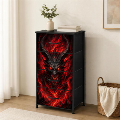 Commode à 4 tiroirs pour chambre à coucher Fiery Dragon Face avec flammes rouges et petite commode pour vêtements