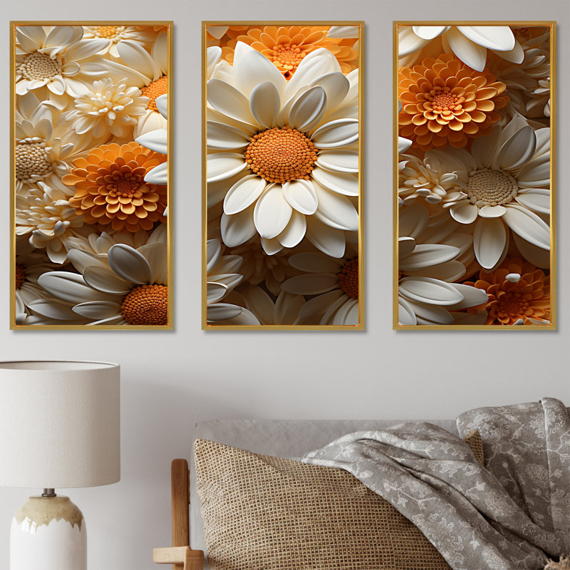 «White and Orange Daisy Flower Serenade - Daisies», ensemble d'art sur toile, Cadre flottant doré, H 28 po x l 36 po x P 1 po