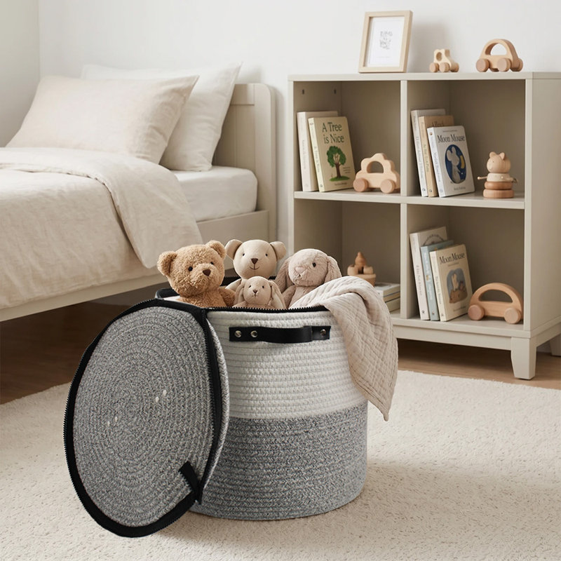 Panier à linge 14 po en corde de coton avec couvercle - Panier de rangement rond tissé 58l avec poignées pour vêtements, couvertures et jouets