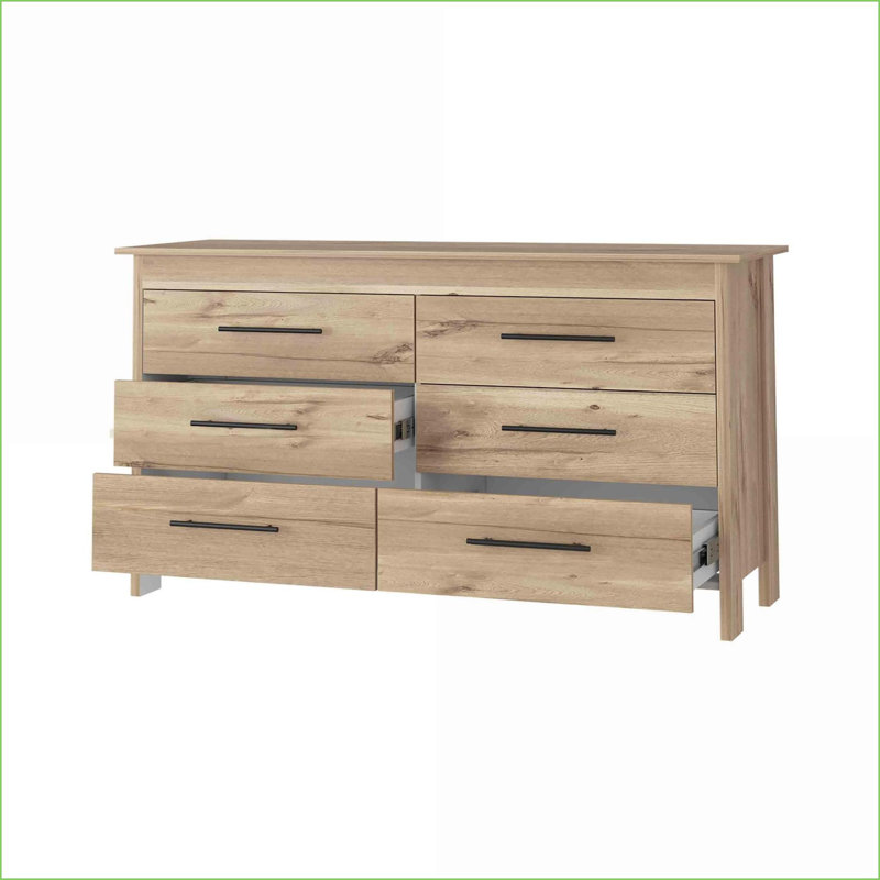 Commodes | Commode double moderne à 6 tiroirs, H 31,7 po | Panneau de particules | Multicolore, Naturel