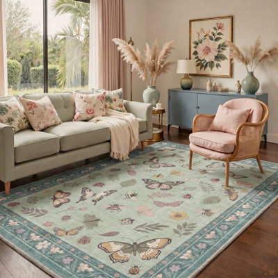 Green Butterfly Bee Botanical Machine Washable Non Slip Stain Resistant Area Rug