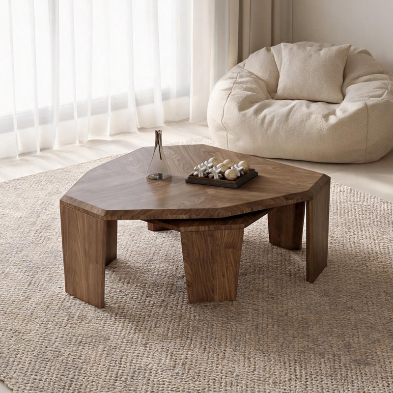 Nesting Octagonal Coffee Table Set with Thick Slab Legs & Walnut Wood Veneer