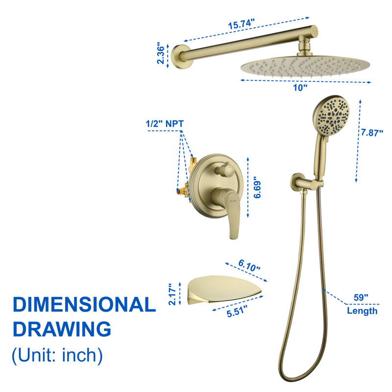 All-In-One Kit with Rough in-Valve, Brushed Gold