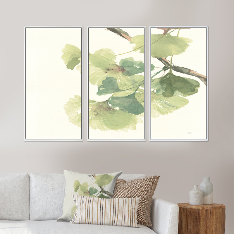 Watercolor Gingko Leaves II - 3 pièces, reproduction sur toile, 28" H x 36" W x 1" D, Cadre blanc
