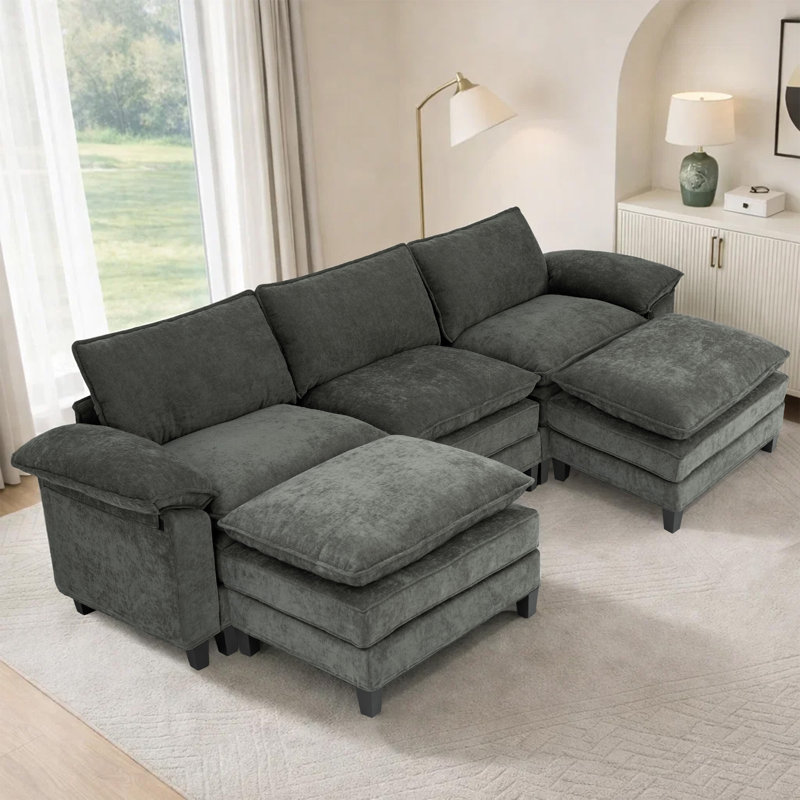Canapé d'angle rembourré avec 2 repose-pieds, Tissu gris, H 37,4 po x l 113 po x P 61 po