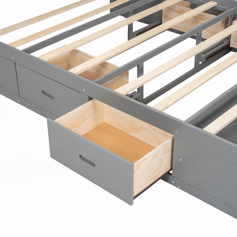 Lit plateforme avec tête de lit, étagère à chaussures et 4 tiroirs, gris