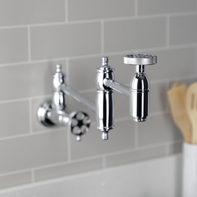 Kingston Brass Wendell Two-Handle 1-Hole Wall Mount Pot Filler Faucet with Knurled Handle