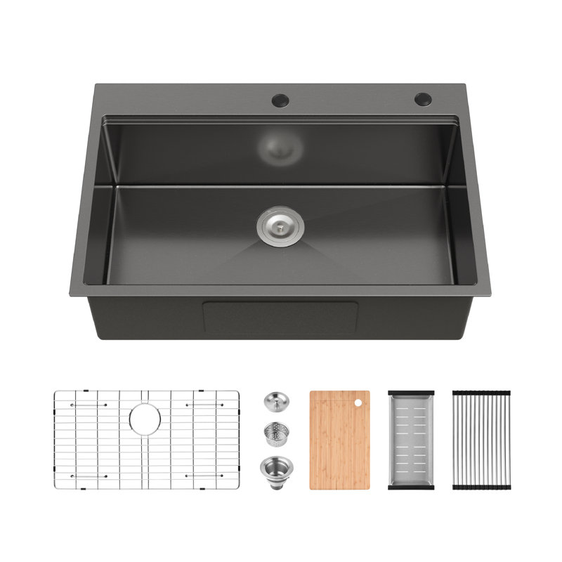 Évier de cuisine à simple cuve encastrable en acier inoxydable de 33 po avec planche à découper, passoire, grille d'évier, ensemble de drain