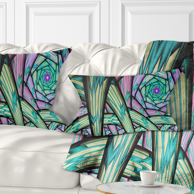 Fractal Endless Tunnel - Coussin imprimé abstrait, Vert / Noir / Mauve