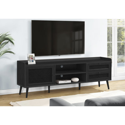 Meuble télé transitionnel 72 po en stratifié noir avec pieds en bois - console de divertissement dans la chambre et la maison
