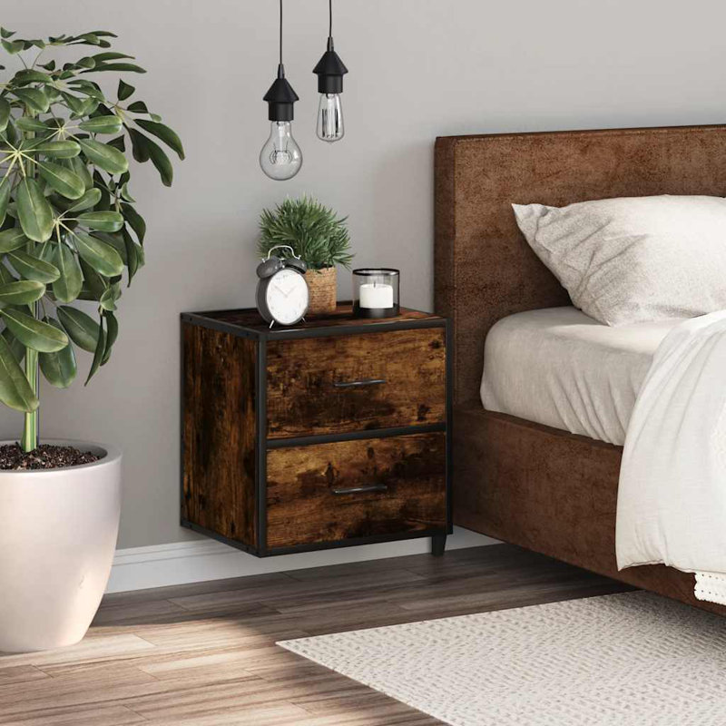 40cm W Metal Bedside Table, Smoked Oak