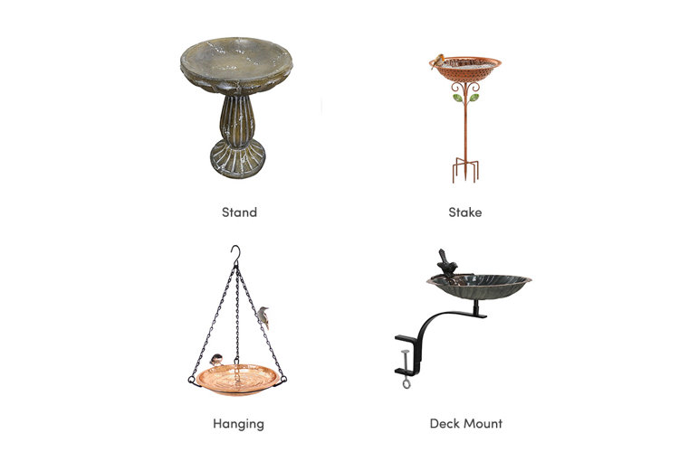a collage showing stand, stake, hanging, and deck mount bird baths