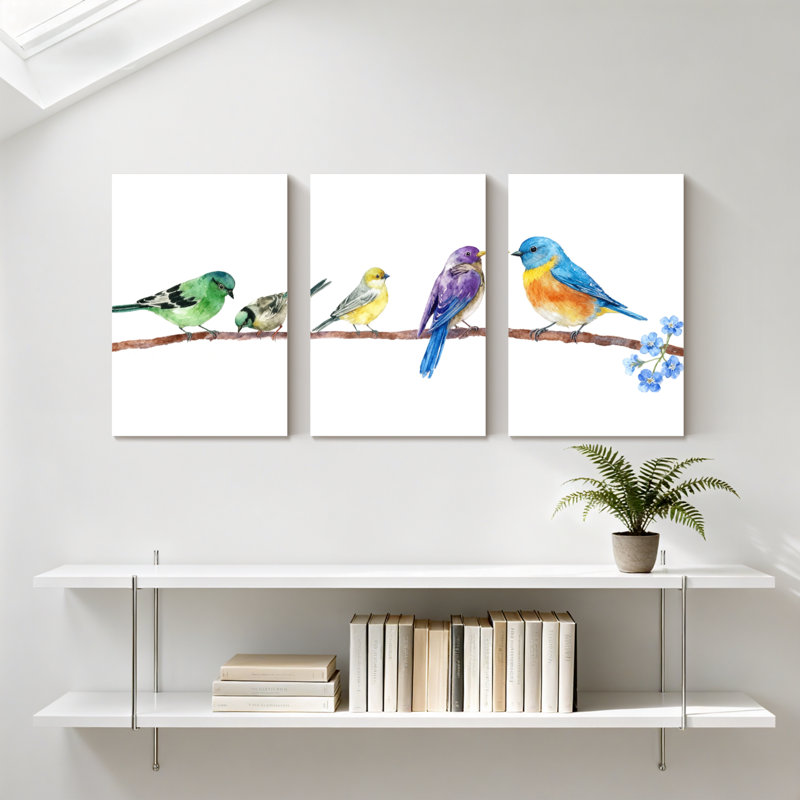 Oiseaux multicolores perchés sur une branche avec fleurs, ensemble de 3 impressions sur toile, H 18 po x l 36 po
