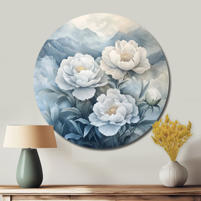Pivoines dans les montagnes brumeuses I - pivoines rondes, impression sur métal blanc traditionnel