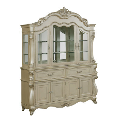 Buffet en porcelaine 2 portes Kerra, portes en verre 2 tiroirs, argent champagne