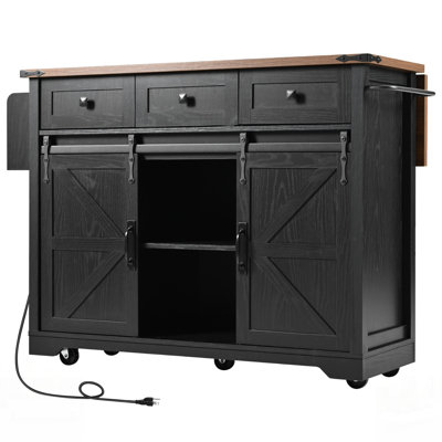 Farmhouse Kitchen Island With Power Outlet, Sliding Barn Doors, Drop Leaf, And Spice Rack On Wheels For Efficient Storage And Mobility