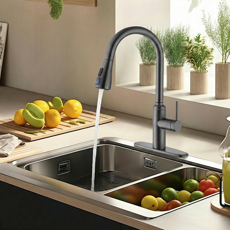 Robinet de cuisine rétractable avec capteur tactile et plaque de pont, Gris pistolet