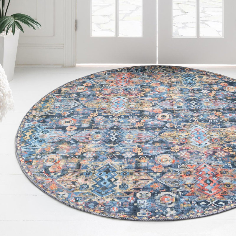 Tapis bleu marine Southwestern / Lodge, Rond 3 pi 6 po