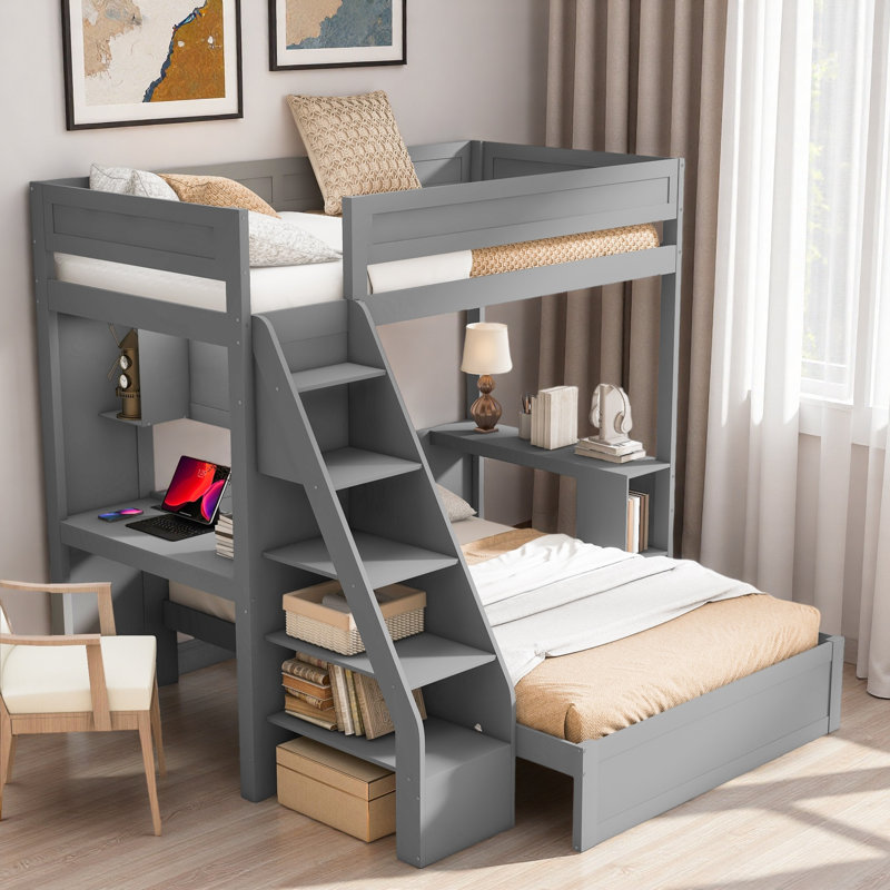 Lit superposé avec bureau et USB, Gris