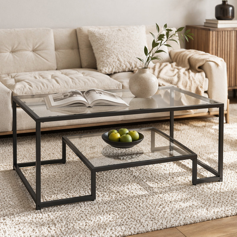 Table basse, table basse moderne en verre trempé, bureau central rectangulaire en verre à 2 niveaux avec rangement ouvert, bureau d'appoint minimaliste à structure métallique robuste pour le salon, le bureau, assemblage facile