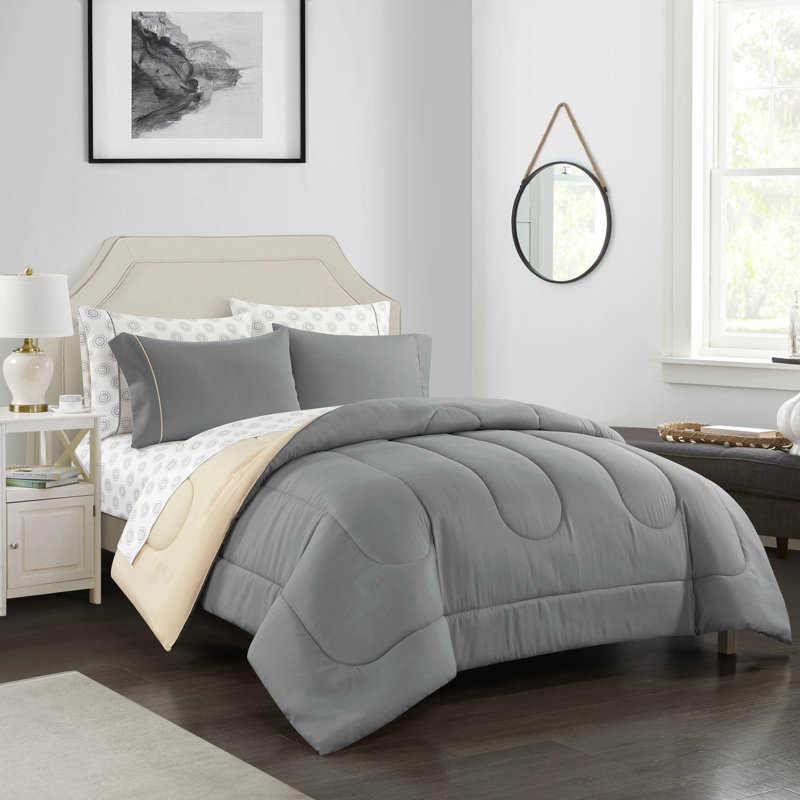 Ensemble d'édredon réversible en microfibre réversible 7 pièces, Édredon double et 6 pièces supplémentaires, Gris foncé