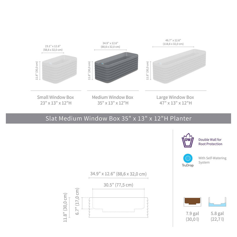 Boîte à fleurs Slat TruDrop, Gris, H 12 po x l 35 po x P 13 po
