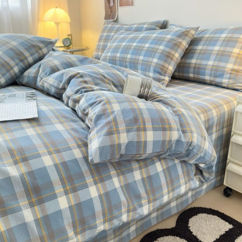 Washed Cotton Boho Soft Duvet Cover Set, Queen Duvet Cover + 2 Standard Pillowcases, Blue/Yellow