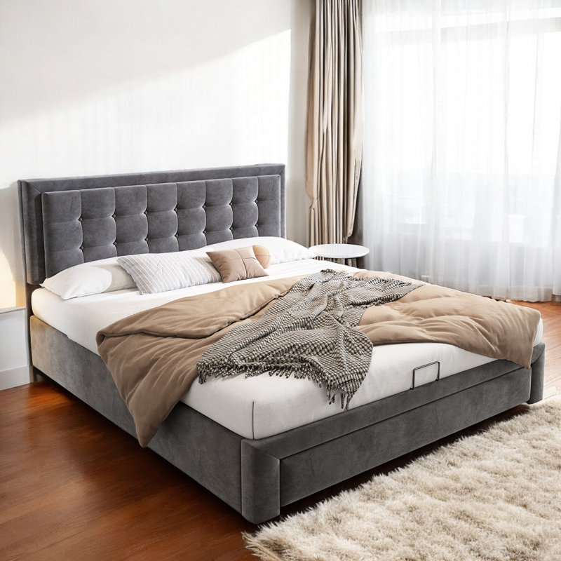 Abhia Upholstered Bed, Double (4'6), Grey