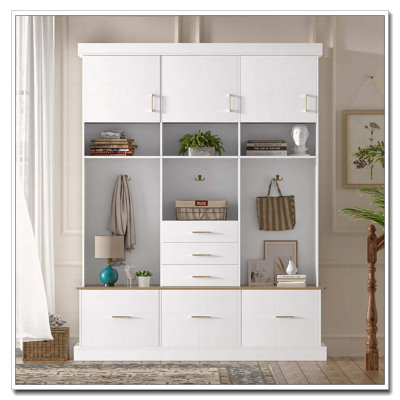 75'' H Entryway Hall Tree with Bench and Storage, 5-in-1 Modern Hall Tree with Coat Rack, 6 Drawers, 3 Cabinets and 3-Tier Top Storage