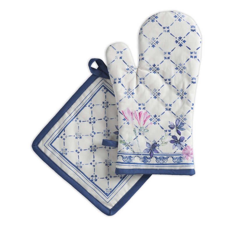 Maison D' Hermine Faience Floral Cotton Potholder & Oven Mitt Set