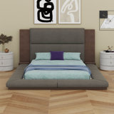 Floor Upholstered Platform Bed With Extended Wood Headboard & Bedside Shelf